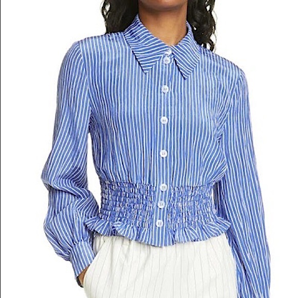 Baum Und Pferdgarten Striped Puff-sleeve Smocked Shirt - Picture 1 of 7